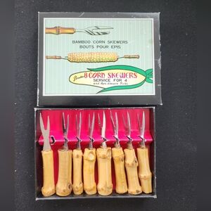 Vtg Bamboo Corn Cob Skewers x 8 Appetizer Picks Stainless Japan Charcuterie Box